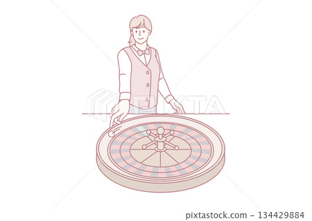 Smiling female croupier spin roulette in casino Smiling female croupier spin roulette in casino 134429884