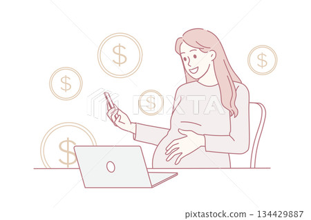 Pregnant woman employee work online on laptop 134429887