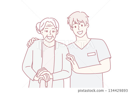 Smiling caregiver with happy old female patient 134429893