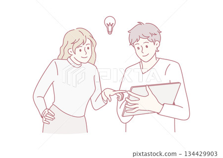 Diverse employees brainstorm using tablet together Diverse employees brainstorm using tablet together 134429903