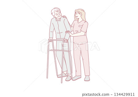 Nurse help older man using walking frame in hospital 134429911