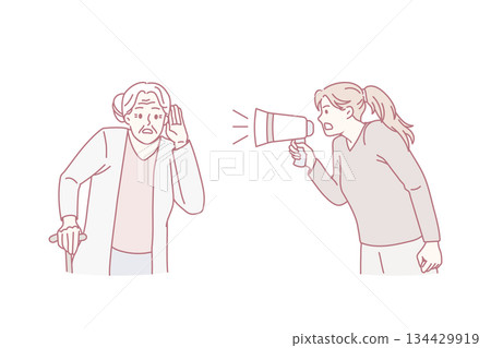 Girl scream in loudspeaker to old deaf grandmother Girl scream in loudspeaker to old deaf grandmother 134429919