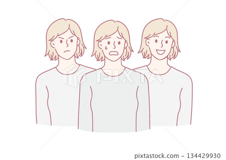 Young woman have different emotions struggle with bipolar disorder 134429930