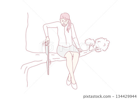 Unhappy female employee cut tree branch Unhappy female employee cut tree branch 134429944