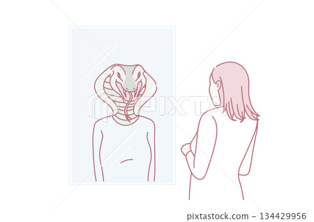 Woman look in mirror see snake reflection Woman look in mirror see snake reflection 134429956