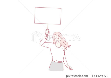 Woman activist with placard on demonstration 134429979
