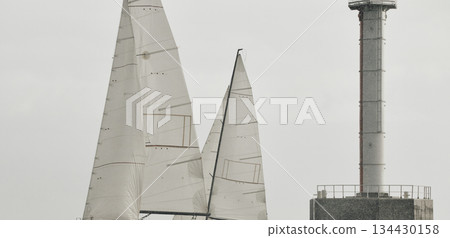 multiple sails at the sailing regatta in the Gulf of Finland, hot race of several yachts, nobody 134430158
