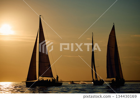 Sailing regatta in the Gulf of Finland at sunset, few sailing yachts competing in a race, splashing water from under the boats, teamwork, board the boat 134430169
