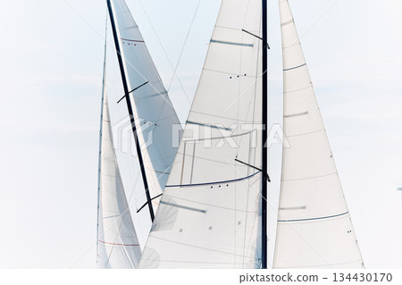 multiple sails at the sailing regatta in the Gulf of Finland, hot race of several yachts, nobody 134430170