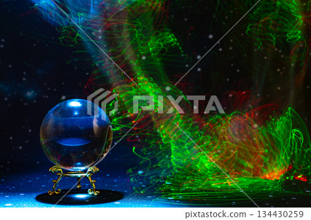 Abstract Cosmic Energy and Crystal Ball with Neon Light Trails 134430259