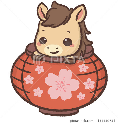 Cute kawaii chibi horse peeking out of sakura lantern pastel spring festival illustration smiling pony clipart for stickers cards nursery decor and digital use Cute kawaii chibi horse peeking out of sakura lantern pastel spring festival illustration smiling pony clipart for stickers cards nursery decor and digital use 134430731