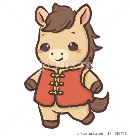 Cute kawaii chibi horse wearing traditional lunar new year outfit pastel festive illustration adorable pony clipart for stickers cards kids decor and digital projects 134430732