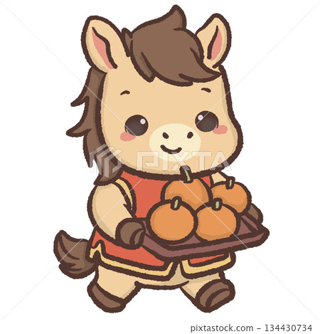 Cute kawaii chibi horse carrying tray of mandarin oranges pastel lunar new year illustration happy pony clipart for stickers kids decor festive prints and digital use Cute kawaii chibi horse carrying tray of mandarin oranges pastel lunar new year illustration happy pony clipart for stickers kids decor festive prints and digital use 134430734