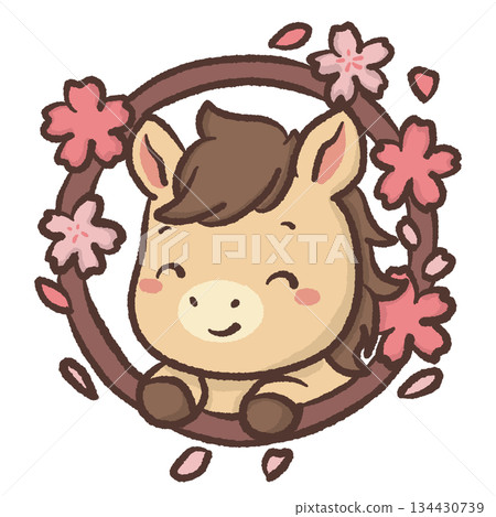 Cute kawaii chibi horse framed by cherry blossom wreath pastel spring illustration sweet smiling pony clipart for stickers invitations nursery decor and digital use Cute kawaii chibi horse framed by cherry blossom wreath pastel spring illustration sweet smiling pony clipart for stickers invitations nursery decor and digital use 134430739