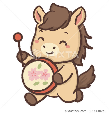 Cute kawaii chibi horse playing sakura drum pastel spring festival illustration happy pony clipart for stickers planners cards kids art and digital projects 134430740