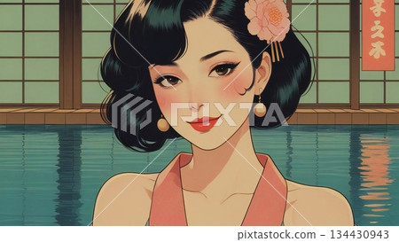 現代日本溫泉之旅：一位女士在充滿大正時代浪漫氛圍和復古街景的公共浴池中享受溫泉。 134430943