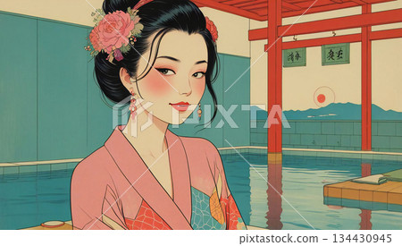現代日本溫泉之旅：一位女士在充滿大正時代浪漫氛圍和復古街景的公共浴池中享受溫泉。 134430945