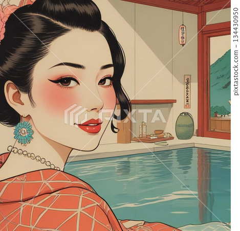 現代日本溫泉之旅：一位女士在充滿大正時代浪漫氛圍和復古街景的公共浴池中享受溫泉。 134430950