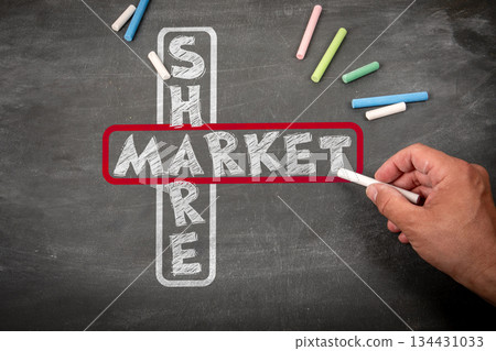 Share Market Concept Written with Chalk on Blackboard with Hand Drawing 134431033