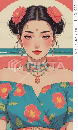 一場復古的沖繩美麗海之旅：一位現代日本女性站在沖繩海的背景下 134431043