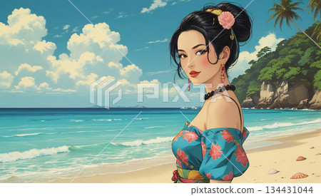 A retro trip to Churaumi: A modern Japanese woman standing with the Okinawan sea in the background A retro trip to Churaumi: A modern Japanese woman standing with the Okinawan sea in the background 134431044