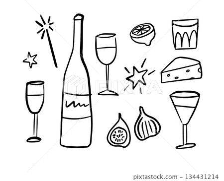 Hand drawn food and drink doodle set. Wine bottle, cocktail glasses, cheese, lemon and figs. Minimal black line New Year icons isolated on background. Whimsical sketch illustration for menu, party Hand drawn food and drink doodle set. Wine bottle, cocktail glasses, cheese, lemon and figs. Minimal black line New Year icons isolated on background. Whimsical sketch illustration for menu, party 134431214