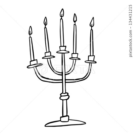 Hand Drawn Candelabra with Five Candles, Minimal Black Line vector illustration of Vintage Candle Holder. Isolated Elegant Sketch Icon for Holiday, Celebration, Religion. Decorative design object 134431215