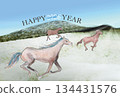 Horses galloping across a snowy plain with 2026 English New Year's greetings 134431576