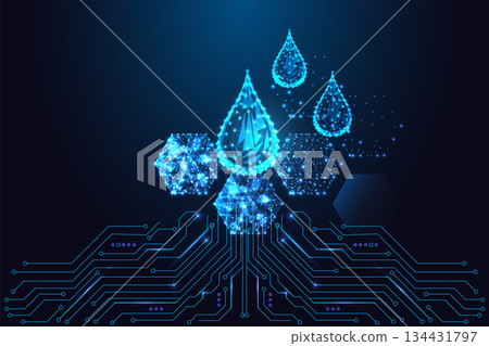 Glowing droplets above digital hexagons on circuit board, biotech liquid data vector illustration 134431797