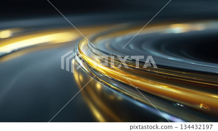 background with curving motion blur of yellow and blue light trails on dark surface. Represents high-speed data, fiber optic technology, telecommunications, networking, fast travel, digital movement background with curving motion blur of yellow and blue light trails on dark surface. Represents high-speed data, fiber optic technology, telecommunications, networking, fast travel, digital movement 134432197