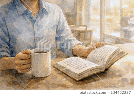 特寫鏡頭：一名男子在咖啡館讀書（安靜專注） 134432227