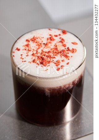 Richness Crowned With Delicacies, Premium Seasonal Beverage Adorned With Raspberry And Microfoam Details Richness Crowned With Delicacies, Premium Seasonal Beverage Adorned With Raspberry And Microfoam Details 134432277