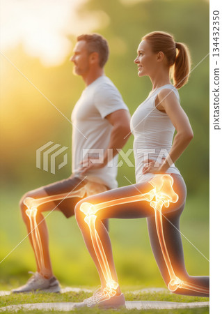 fit couple exercising, performing lunges. Overplayed x-ray visualization highlights bones and joints knee, hip, joint health, sports medicine, orthopedic care, exercise benefits, and physical therapy 134432350
