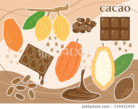 A set of cacao fruit and chocolate illustrations perfect for Valentine's Day, with a white border A set of cacao fruit and chocolate illustrations perfect for Valentine's Day, with a white border 134432454