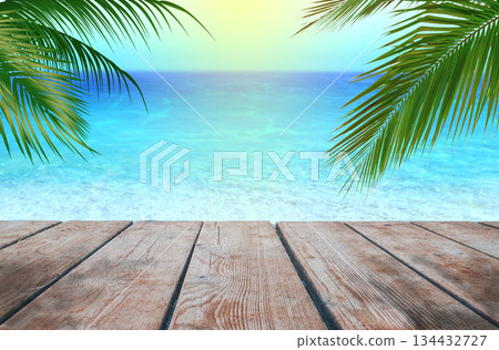 Tropical Ocean View With Wooden Table 134432727