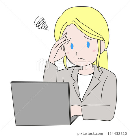 Illustration of a blonde businesswoman worried about using a laptop Illustration of a blonde businesswoman worried about using a laptop 134432810