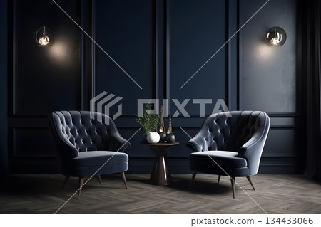Modern dark home interior in dark navy blue colors with two empty armchairs, neural network generated photorealistic image 134433066