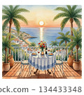 Scenic coastal view in Spain, featuring a round table set for dinner with two chairs on a terrace overlooking the sea 134433348