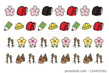 Set of 4 hand-drawn spring motif decorative lines: cherry blossoms, school bags, stationery, horsetails, and bamboo shoots 134433382