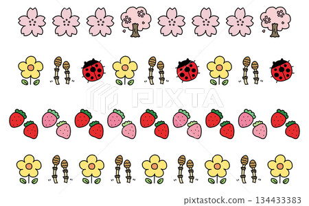 一組4個手繪春季圖案裝飾線條：櫻花、馬尾草、草莓和瓢蟲 134433383