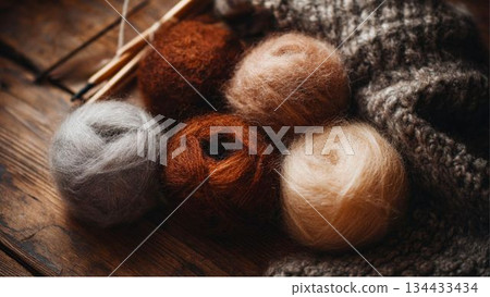 一個溫暖的籃子，裡面裝滿了色調柔和的羊毛線。 134433434