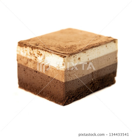 Low calorie three chocolate dessert cake made without sugar, layered mousse treat for healthy eating and proper nutrition, isolated on white background Low calorie three chocolate dessert cake made without sugar, layered mousse treat for healthy eating and proper nutrition, isolated on white background 134433541