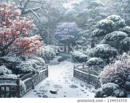 Snow-covered Japanese garden Snow-covered Japanese garden 134433559