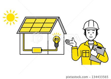 一位男電工正在介紹一棟太陽能房屋。 一位男電工正在介紹一棟太陽能房屋。 134433565