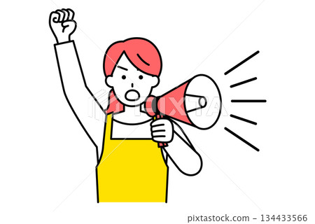 A woman in an apron protesting with a loudspeaker A woman in an apron protesting with a loudspeaker 134433566