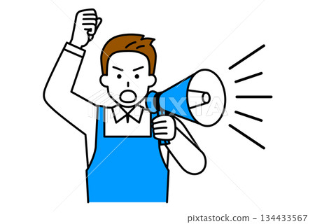 一名身穿圍裙的男子用擴音器抗議 一名身穿圍裙的男子用擴音器抗議 134433567