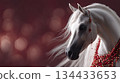 Majestic white horse adorned with colorful jewelry against a soft bokeh background 134433653