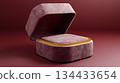 Elegant velvet jewelry box with golden trim, open to reveal luxurious interior design 134433654