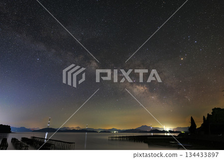 Spring starry scenery in Setouchi: The Milky Way rising in the pre-dawn sky 134433897