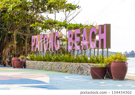 Pink Patong Beach lettering name welcome city sign in Thailand. Pink Patong Beach lettering name welcome city sign in Thailand. 134434302